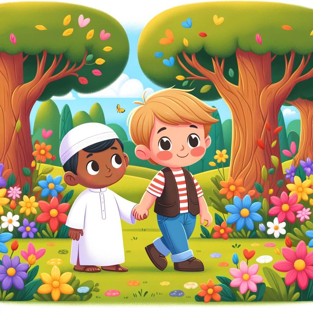 Une illustration destinée aux enfants représentant un petit garçon courageux, accompagné d'un nouvel ami timide, dans un parc ensoleillé rempli de fleurs multicolores et d'arbres majestueux, où ils font face à l'intolérance et promeuvent la tolérance.