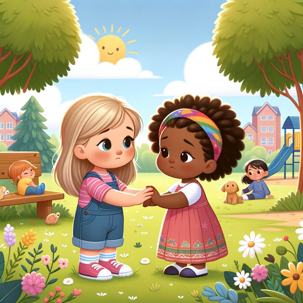 Une illustration pour enfants représentant une petite fille curieuse se liant d'amitié avec une autre petite fille triste, dans un parc ensoleillé.