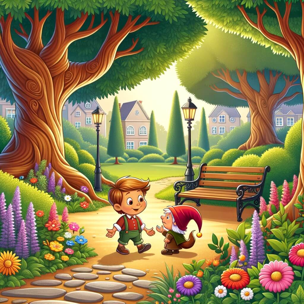 Une illustration destinée aux enfants représentant un petit garçon curieux et aventurier, faisant la rencontre d'un nouvel ami dans un parc rempli d'arbres majestueux, de fleurs colorées et de bancs accueillants.