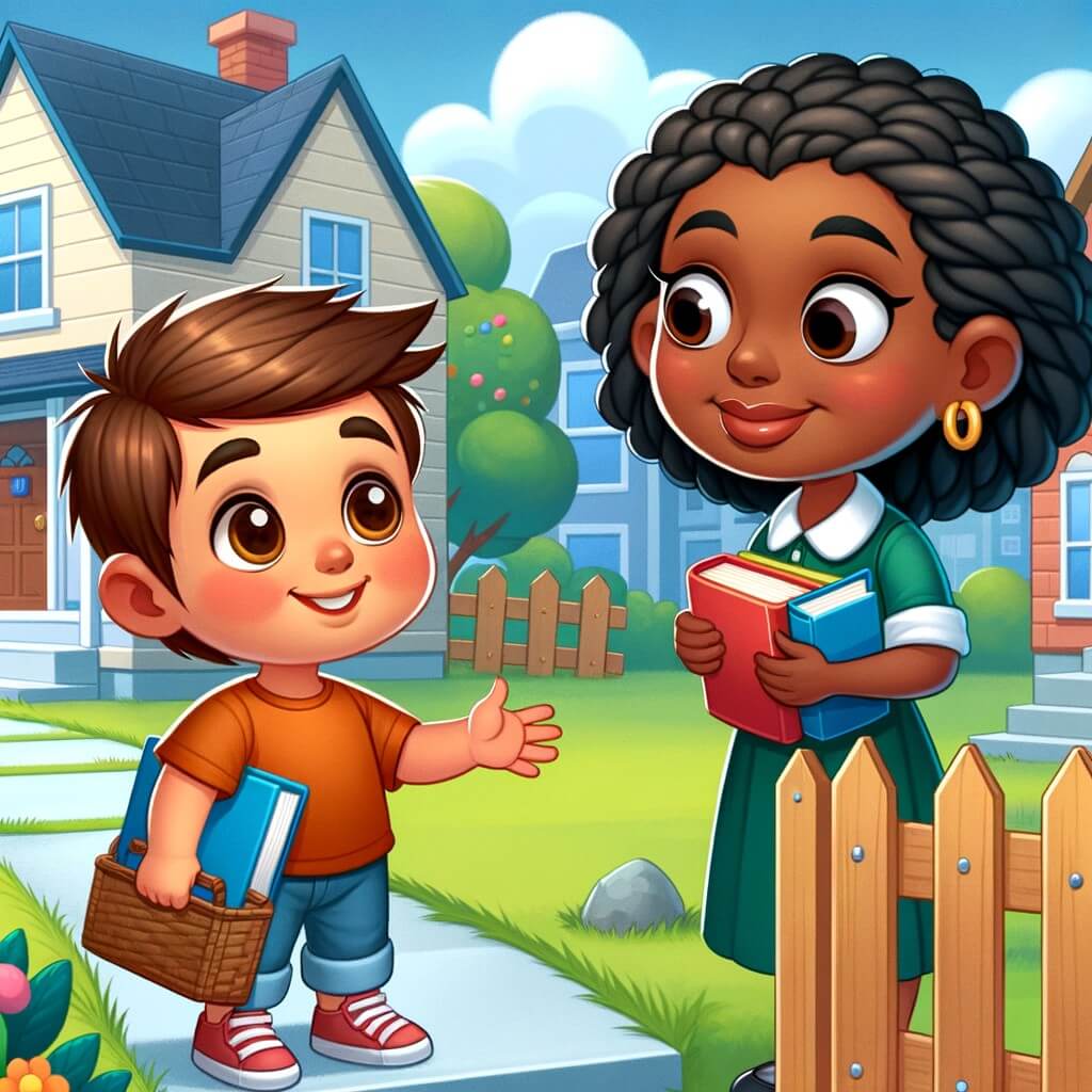 Une illustration destinée aux enfants représentant un petit garçon curieux, accompagné d'un nouveau voisin bibliothécaire aux cheveux noirs et à la peau brune, dans un quartier coloré et animé avec une petite maison et une clôture en bois.