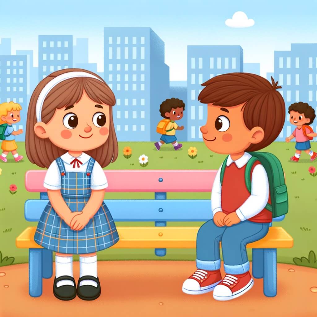 Une illustration destinée aux enfants représentant une petite fille timide et curieuse, faisant face à sa première journée d'école dans une ville inconnue, où elle rencontre un nouvel ami, un garçon au sourire chaleureux, sur un banc coloré dans une cour d'école remplie de rires et de jeux.