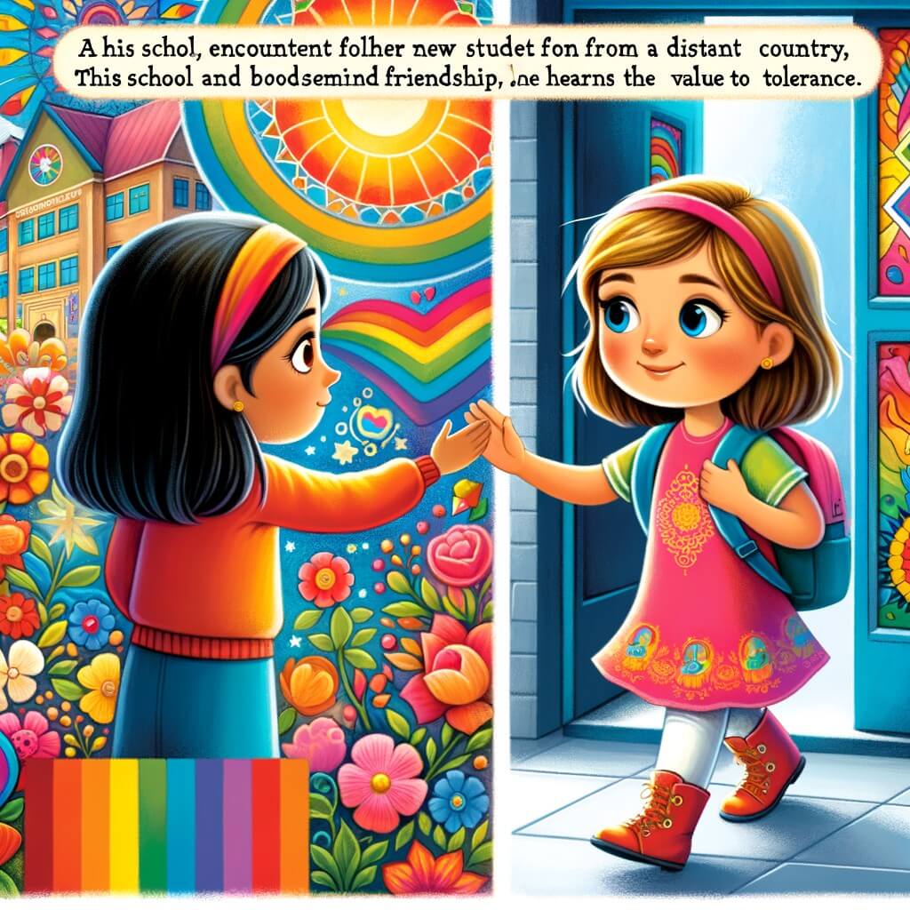 Une illustration destinée aux enfants représentant une petite fille pleine de vie, confrontée à une nouvelle école colorée et accueillante, où elle rencontre une nouvelle élève venant d'un pays lointain et apprend à travers leur amitié la valeur de la tolérance.