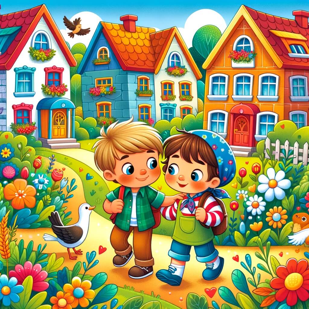 Une illustration destinée aux enfants représentant un petit garçon curieux, accompagné d'un nouveau voisin venu d'un pays lointain, dans un quartier coloré et chaleureux où les maisons sont entourées de jardins verdoyants et fleuris.