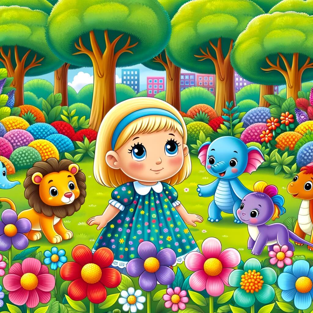 Une illustration destinée aux enfants représentant une petite fille curieuse, entourée de ses nouveaux amis aux couleurs vives, dans un parc verdoyant rempli de fleurs multicolores et d'arbres majestueux.