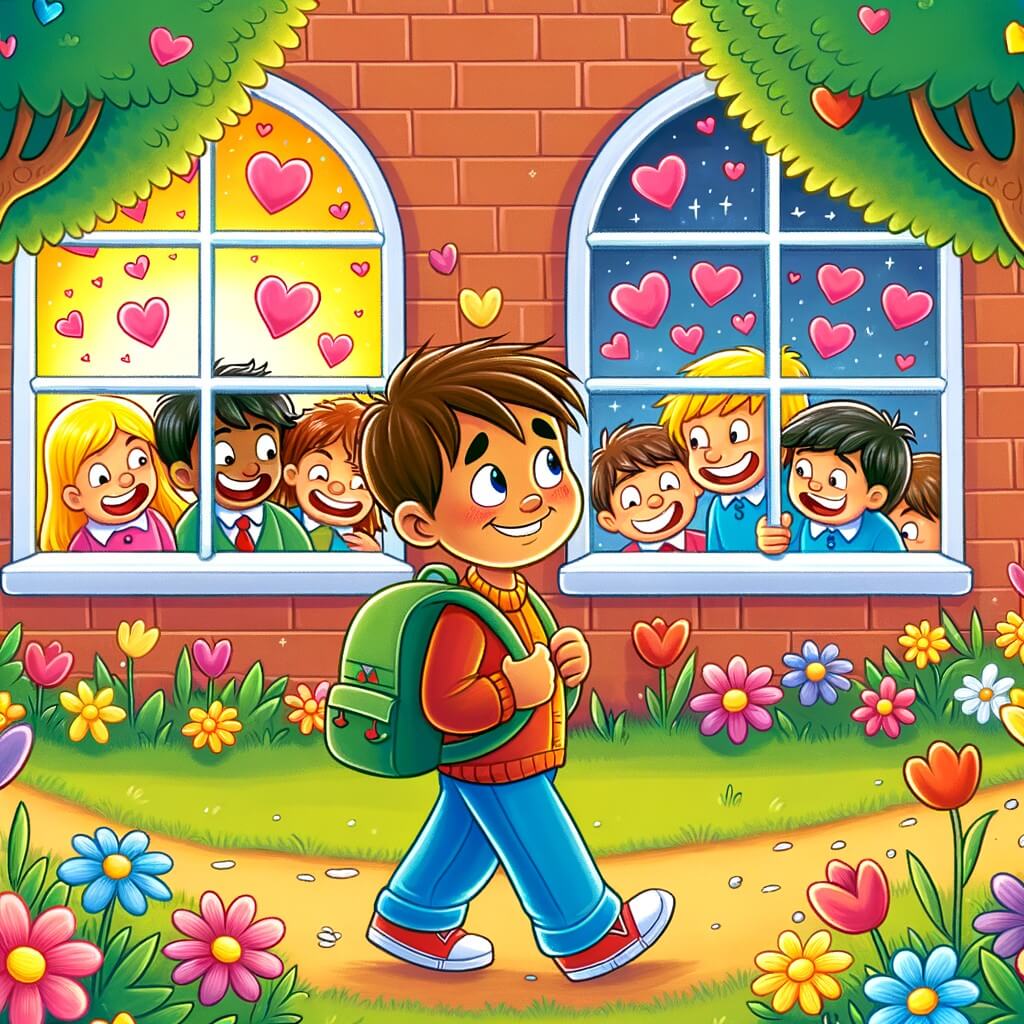 Une illustration pour enfants représentant un petit garçon qui, après avoir déménagé dans une nouvelle ville, apprend la tolérance et l'amitié avec un camarade de classe différent dans son école.