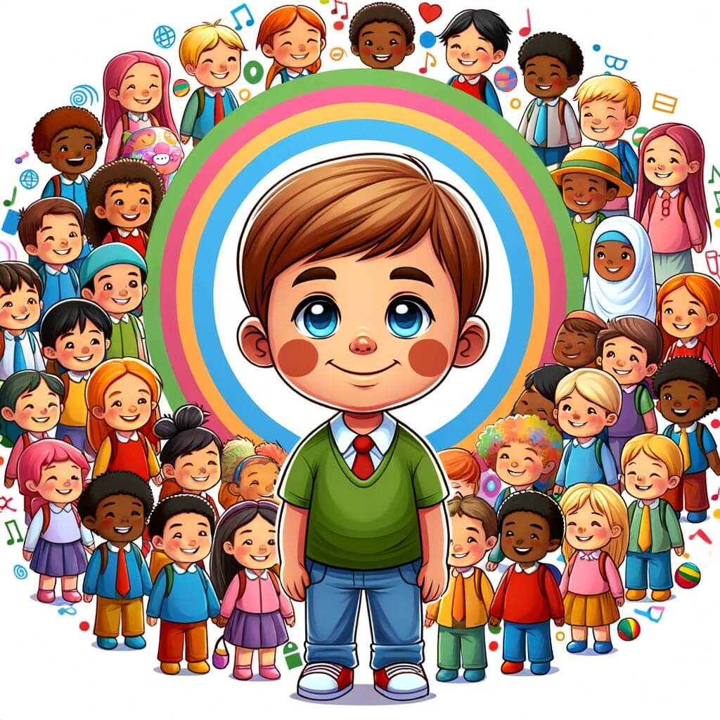 Une illustration destinée aux enfants représentant un petit garçon joyeux et curieux, entouré d'enfants de différentes origines, dans une cour d'école colorée et animée, où règne un sentiment d'amitié et de tolérance.
