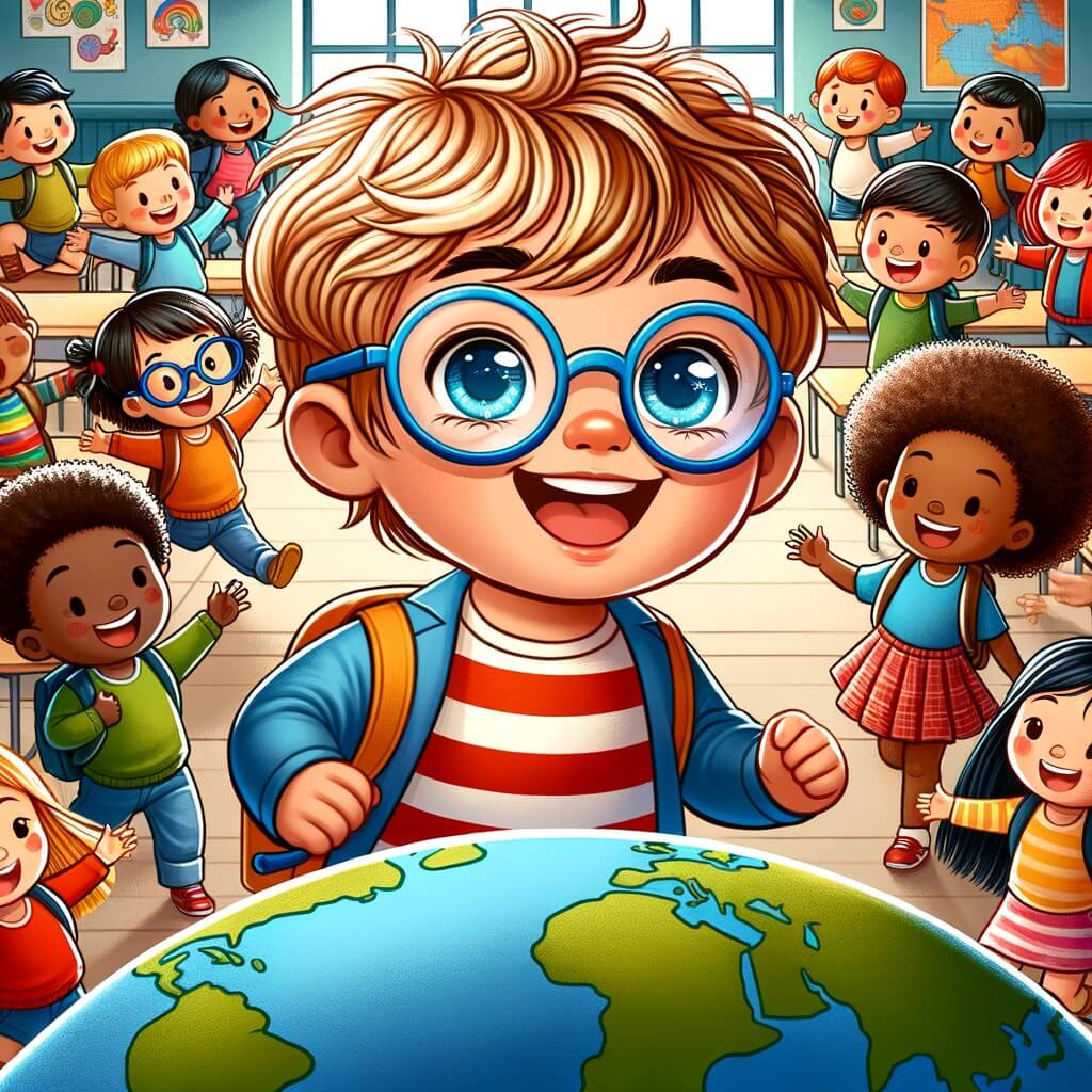 Une illustration destinée aux enfants représentant un petit garçon curieux et enthousiaste, découvrant une école multiculturelle avec des enfants aux cheveux bouclés, aux lunettes colorées et aux sourires radieux, dans une classe lumineuse remplie de couleurs vibrantes et de dessins joyeux, où l'amitié et la tolérance règnent en maîtres.