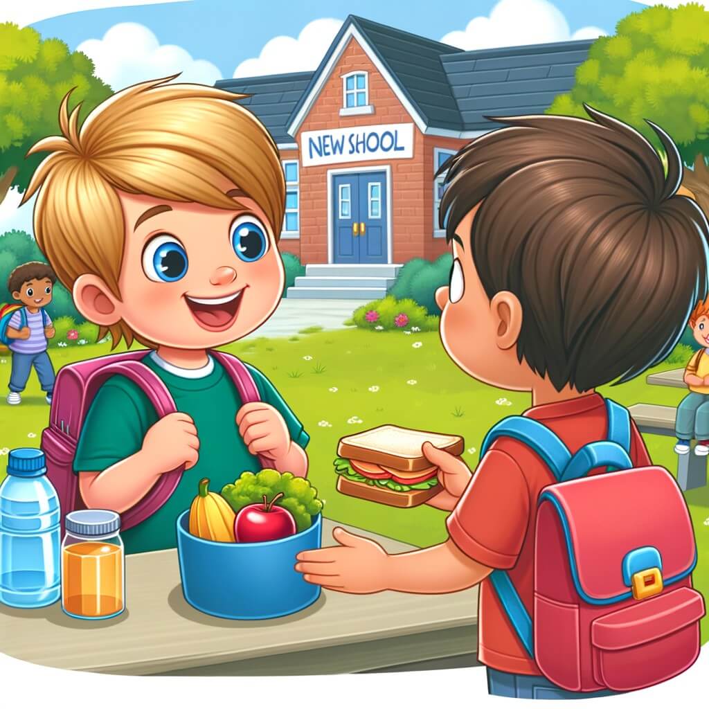 Une illustration destinée aux enfants représentant un petit garçon enthousiaste et curieux, se trouvant dans une nouvelle école entourée de verdure avec une salle de classe colorée, où il fait la rencontre d'un nouvel ami qui lui offre un sandwich pour le déjeuner.