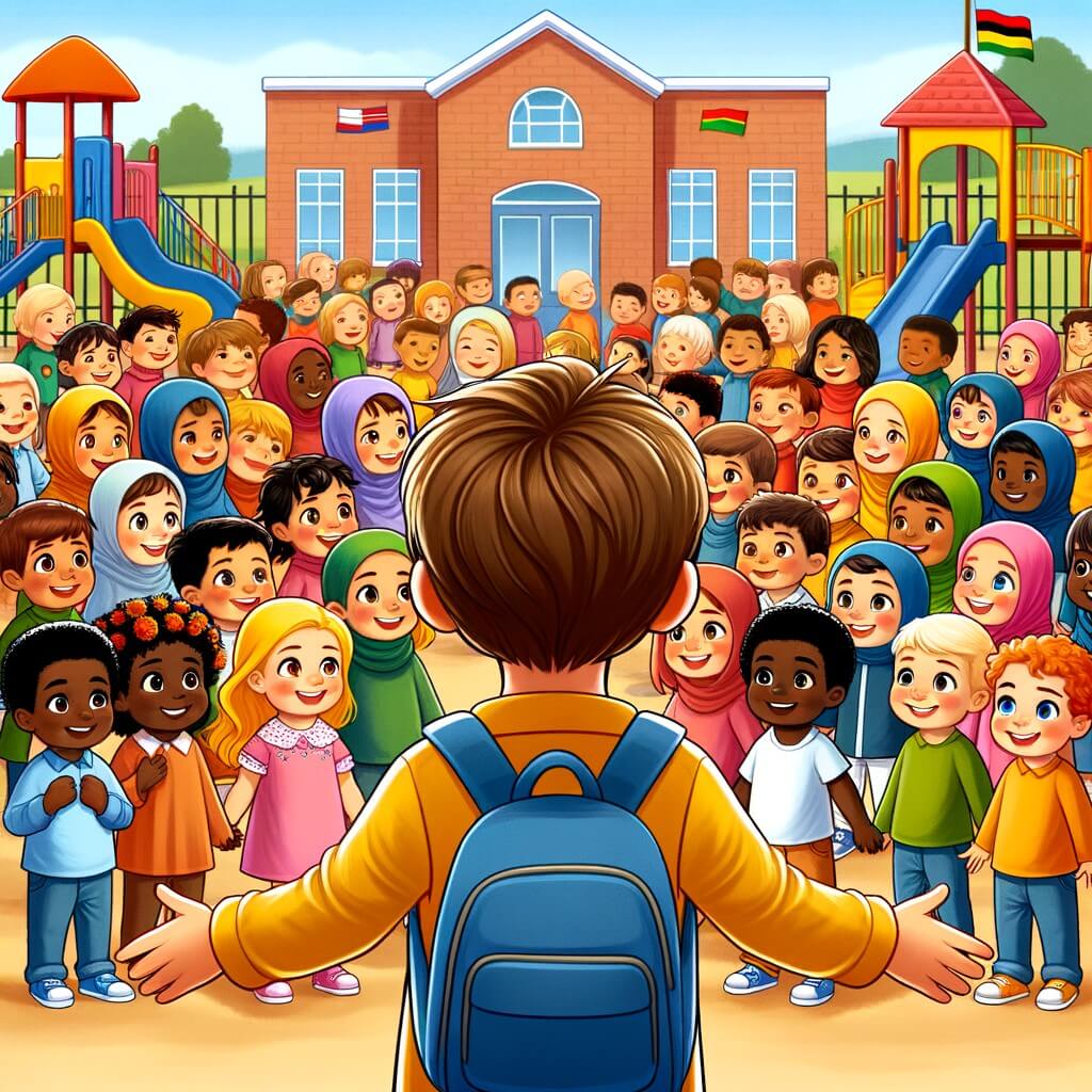 Une illustration destinée aux enfants représentant un petit garçon curieux et joyeux, qui fait face à une nouvelle école remplie d'enfants de différentes cultures et origines, dans une cour de récréation colorée et animée.