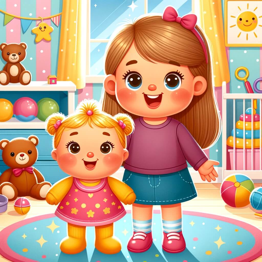 Une illustration destinée aux enfants représentant une petite fille rayonnante, se tenant fièrement aux côtés d'une nouvelle amie, dans une crèche colorée remplie de rires et de jouets.