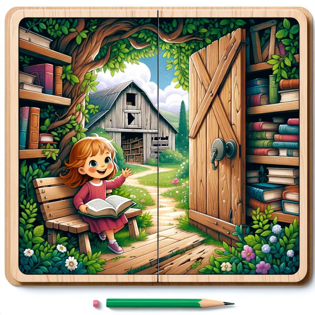 Une illustration pour enfants représentant une petite fille curieuse et joyeuse, se liant d'amitié avec une nouvelle arrivante solitaire, dans un village entouré de verdure.