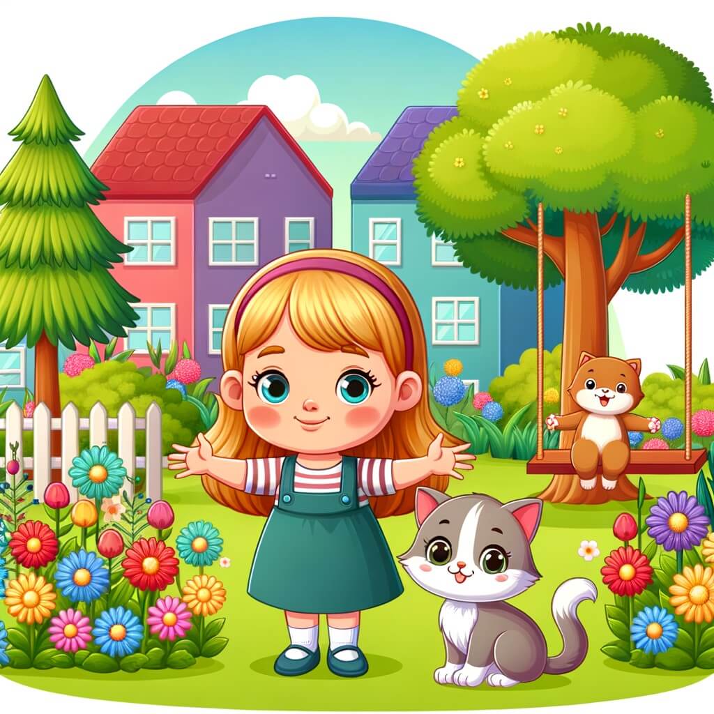 Une illustration pour enfants représentant une petite fille timide qui se fait un nouvel ami et découvre de nouvelles aventures dans un charmant quartier.