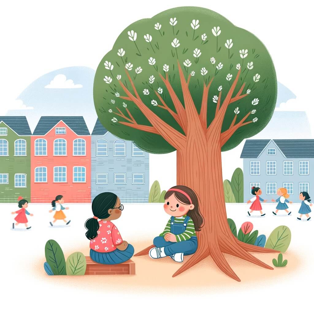 Une illustration destinée aux enfants représentant une petite fille solitaire, assise sous un grand arbre dans une cour d'école animée, où elle rencontre une autre petite fille souriante qui deviendra son amie.