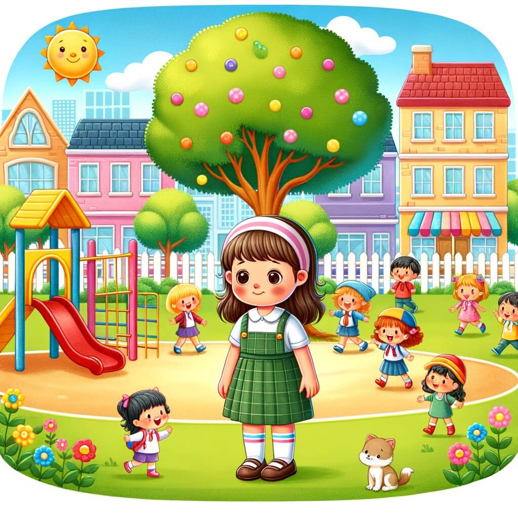 Une illustration destinée aux enfants représentant une petite fille solitaire, qui vient de déménager dans une nouvelle ville, se faisant une amie lors de sa première journée d'école dans une cour de récréation colorée, entourée de joyeux camarades et d'un magnifique arbre aux branches fleuries.