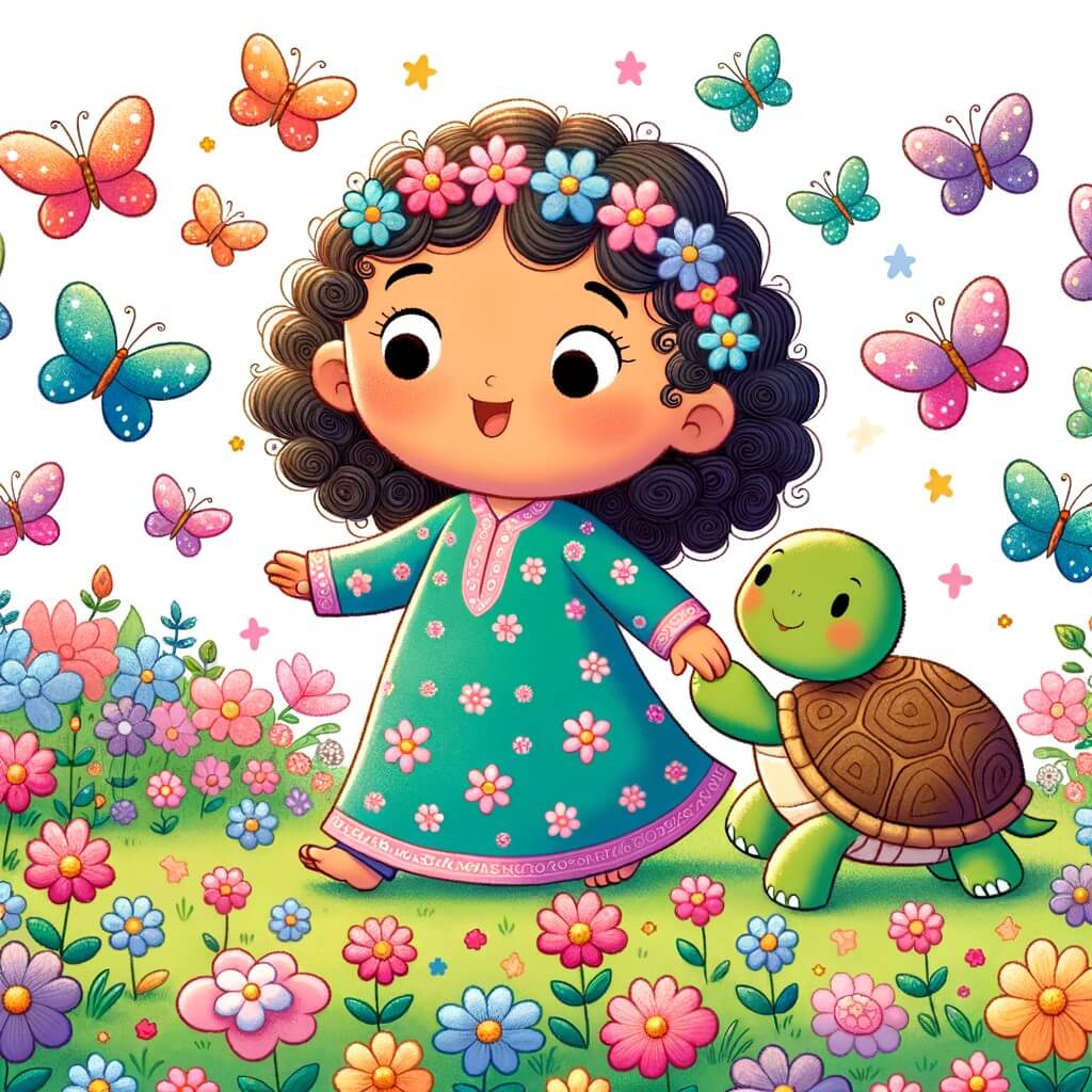 Une illustration destinée aux enfants représentant une petite fille aux cheveux bouclés, accompagnée d'une tortue, se promenant joyeusement dans un jardin fleuri parsemé de papillons multicolores.
