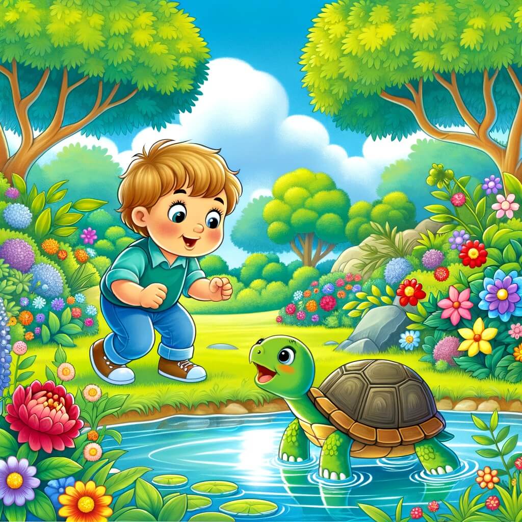 Une illustration destinée aux enfants représentant un petit garçon curieux et plein de vie, faisant la rencontre d'une tortue parlante dans un parc verdoyant entouré de fleurs colorées et d'un étang scintillant.