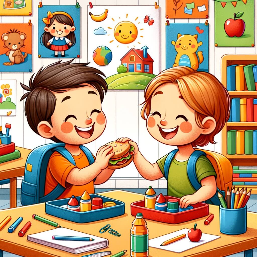 Une illustration destinée aux enfants représentant un petit garçon plein de joie, partageant son déjeuner avec un nouvel ami, dans une salle de classe colorée remplie de livres, de crayons et de dessins accrochés aux murs.