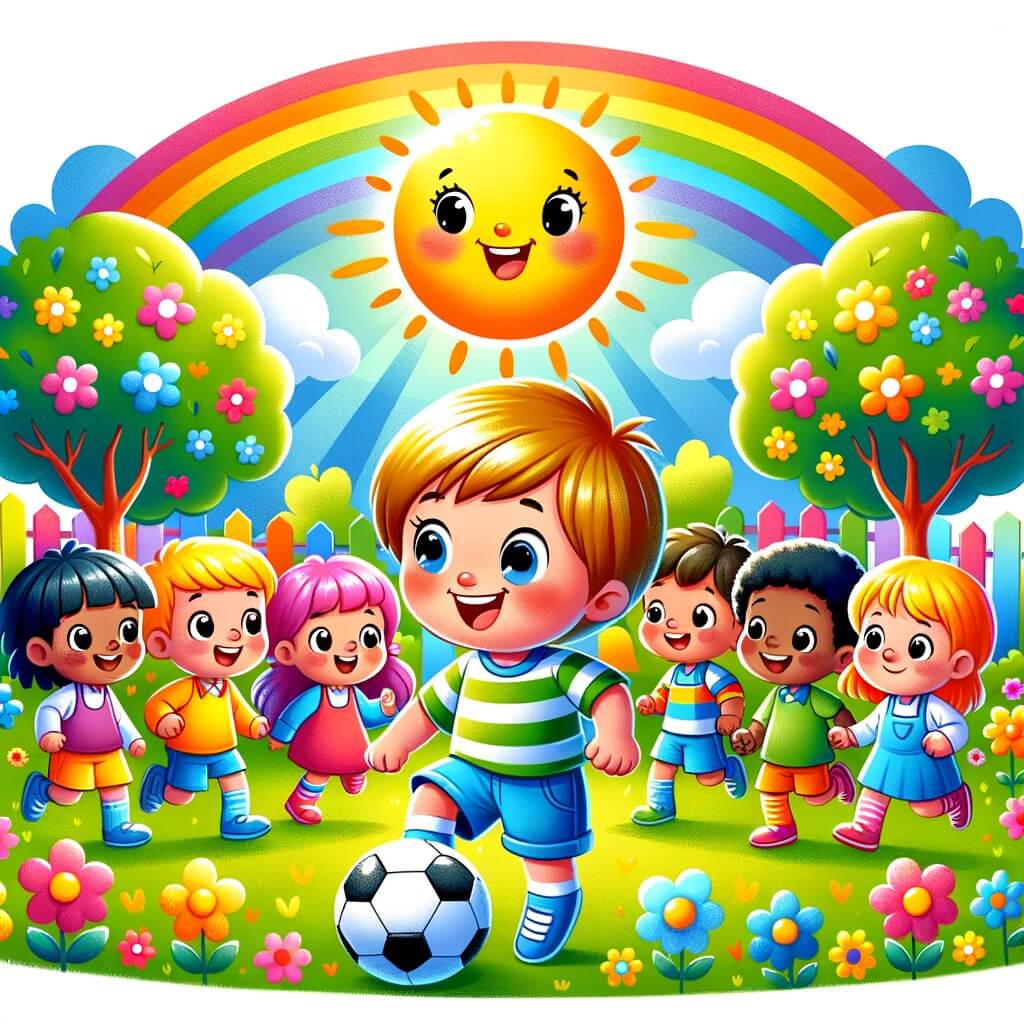 Une illustration destinée aux enfants représentant un petit garçon souriant, entouré de ses amis, jouant au football dans une cour d'école colorée avec des arbres en fleurs et un grand soleil éclatant.