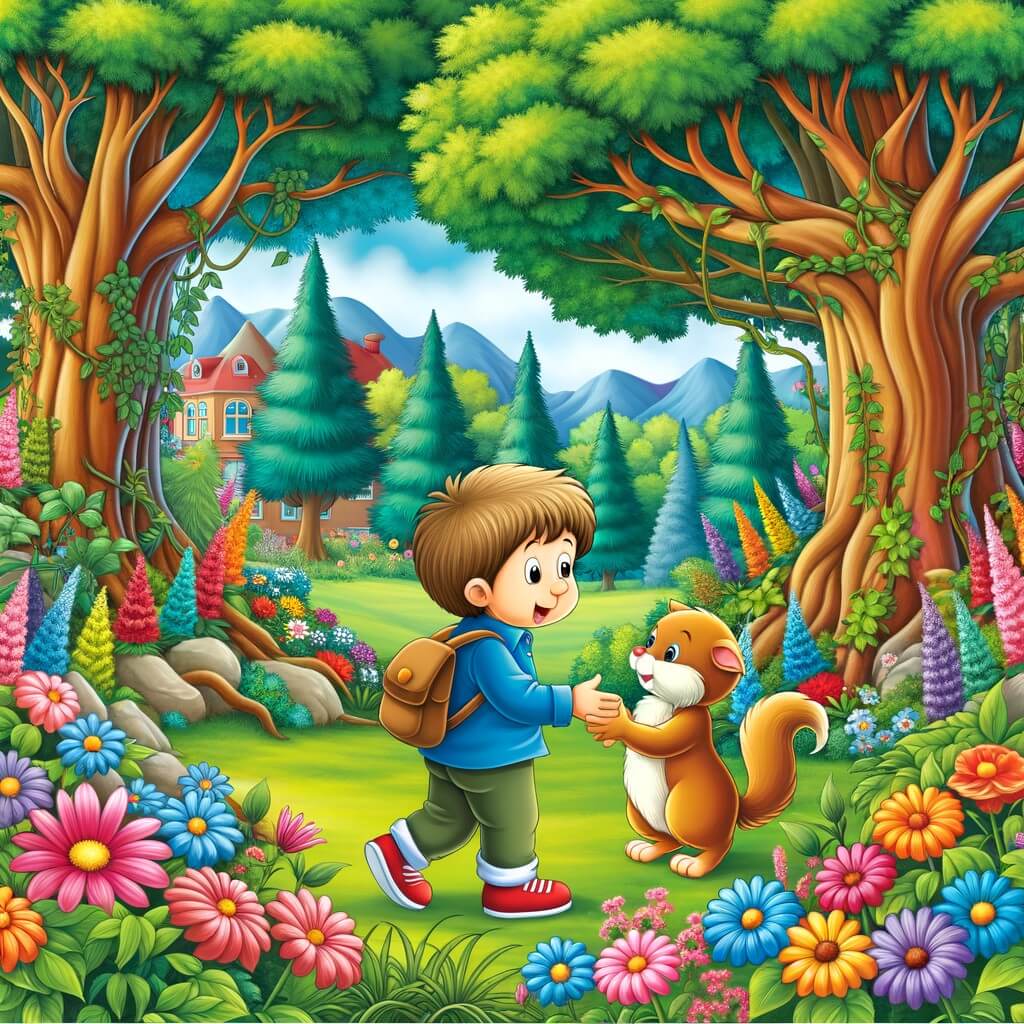 Une illustration destinée aux enfants représentant un petit garçon plein d'enthousiasme, faisant la connaissance d'un nouvel ami timide, dans un jardin luxuriant rempli de fleurs colorées et d'arbres majestueux.