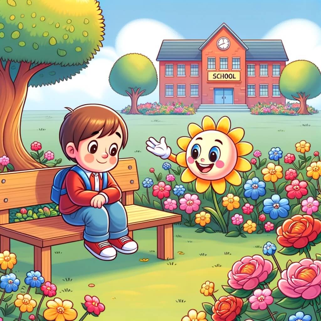 Une illustration destinée aux enfants représentant un petit garçon solitaire, assis sur un banc dans un jardin fleuri, qui rencontre un nouvel ami souriant et plein de vie, dans une école colorée et animée.