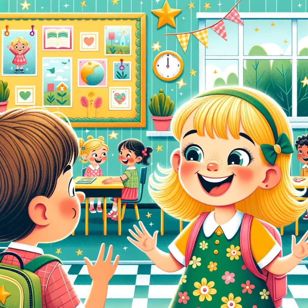 Une illustration destinée aux enfants représentant une petite fille rayonnante de bonheur, se liant d'amitié avec une nouvelle camarade, dans une école colorée et animée où les rires et les jeux résonnent joyeusement.