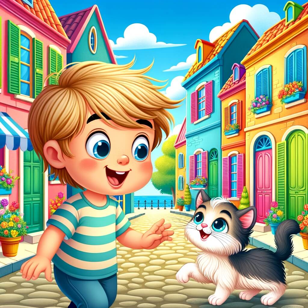Une illustration destinée aux enfants représentant un petit garçon plein de vie, faisant la rencontre d'un adorable chaton dans une rue colorée bordée de maisons aux volets colorés, alors qu'il se rend chez sa grand-mère.