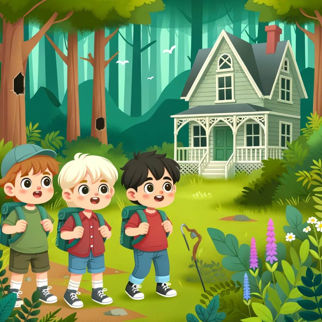 Une illustration destinée aux enfants représentant un petit garçon curieux et aventurier, accompagné de ses nouveaux amis, découvrant une mystérieuse maison abandonnée, cachée au cœur d'une forêt verdoyante.