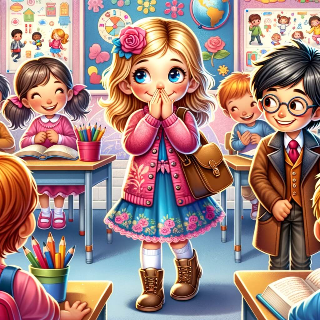 Une illustration pour enfants représentant une petite fille qui vient de déménager et qui se sent seule dans sa nouvelle école, située dans une ville inconnue.