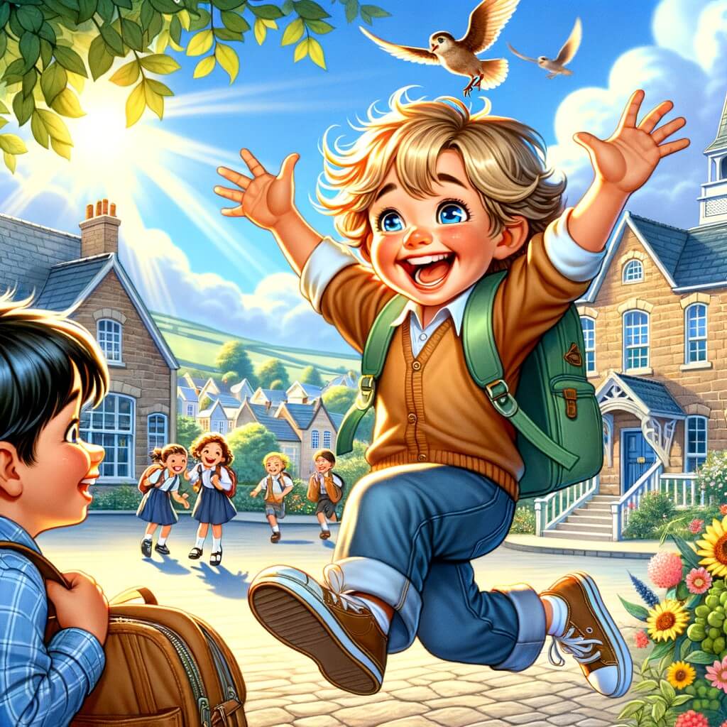Une illustration pour enfants représentant un petit garçon joyeux et plein d'énergie, qui se fait de nouveaux amis lors de sa rentrée dans une école située dans une charmante ville.