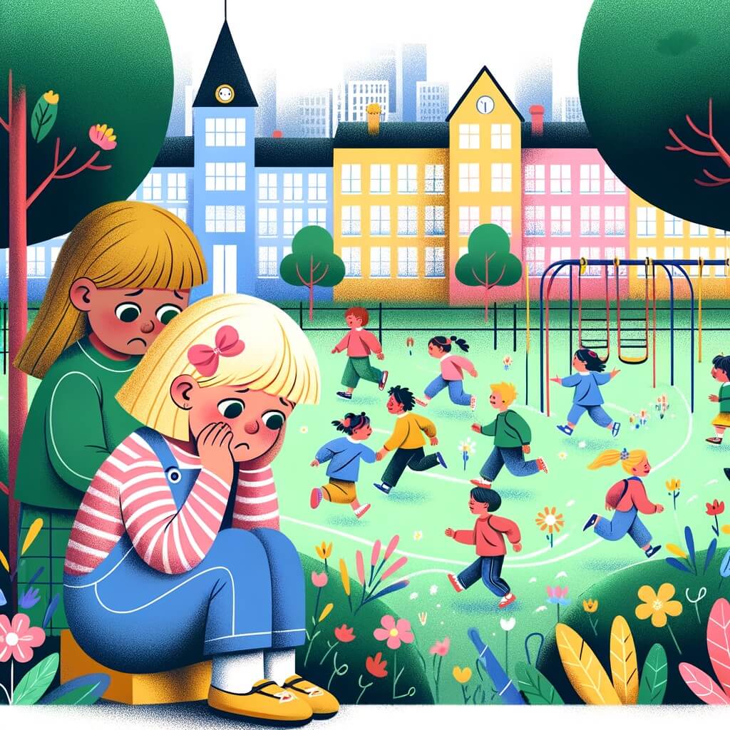 Une illustration destinée aux enfants représentant une petite fille, triste de quitter ses amis et sa maison, qui se retrouve dans une nouvelle école où elle rencontre une autre petite fille brune avec un ruban rose dans les cheveux, dans une cour de récréation remplie d'enfants qui courent et jouent, entourée de bâtiments scolaires colorés et d'arbres verdoyants.