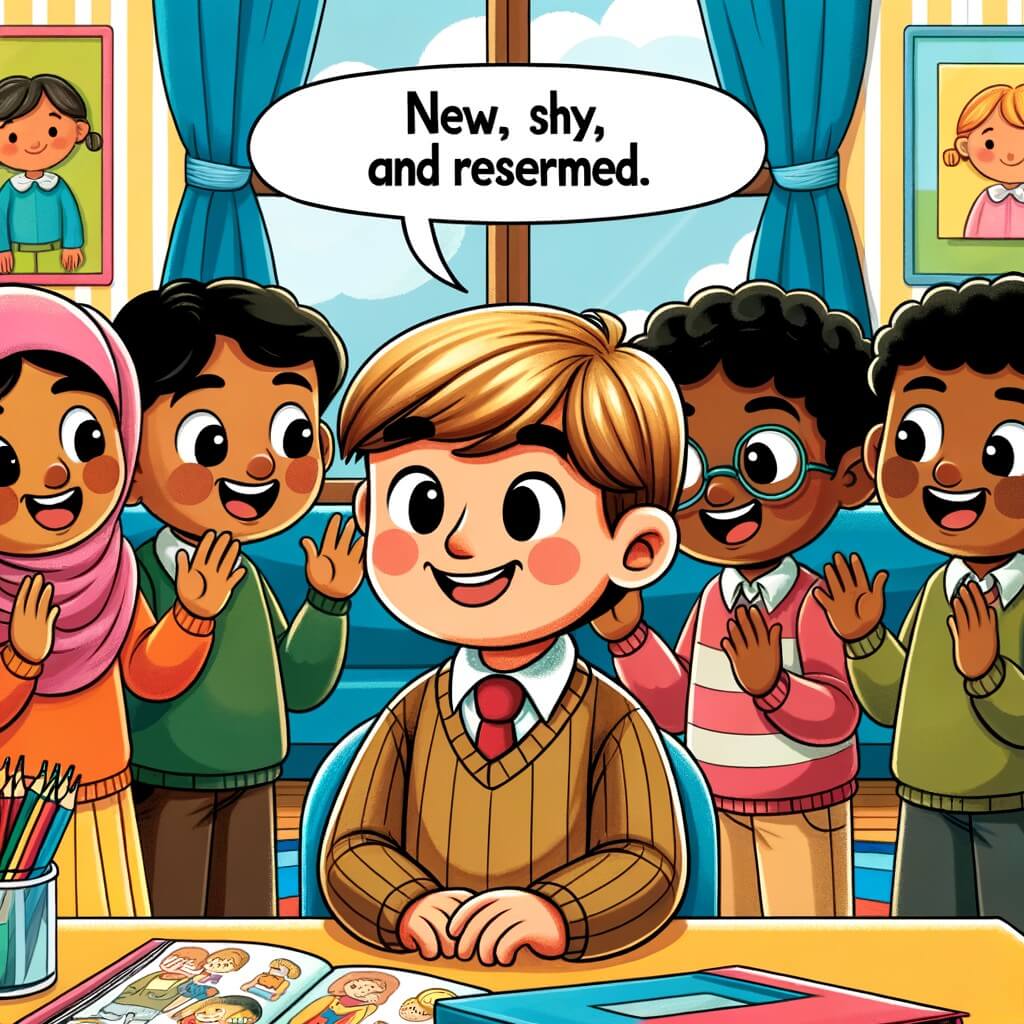Une illustration destinée aux enfants représentant un petit garçon souriant et joyeux, entouré de ses amis, découvrant un nouvel élève timide et réservé dans une salle de classe colorée, remplie de livres, de dessins et de posters accrochés aux murs.