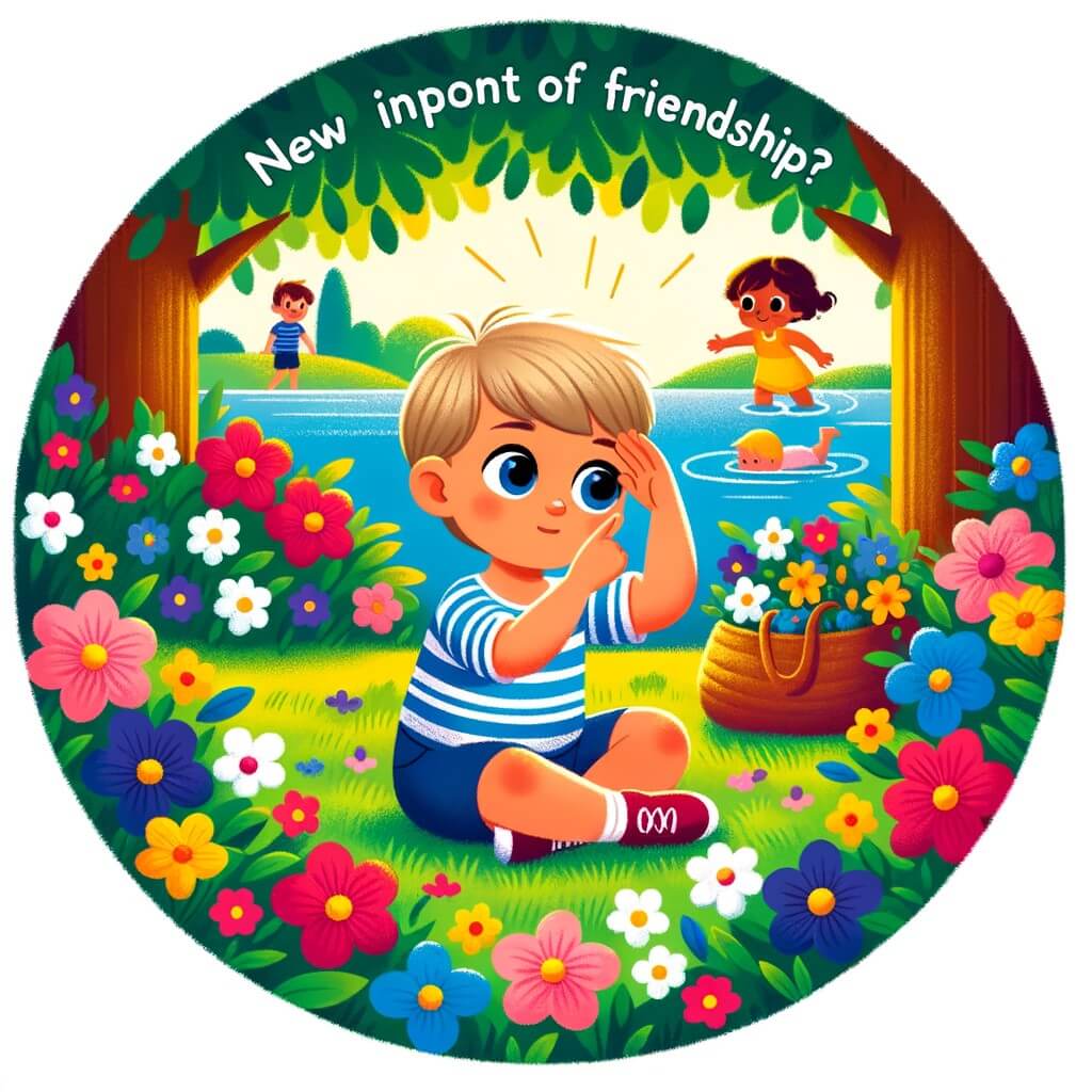 Une illustration destinée aux enfants représentant un petit garçon solitaire, jouant dans un parc verdoyant parsemé de fleurs colorées, découvrant de nouveaux amis et apprenant l'importance de l'amitié.