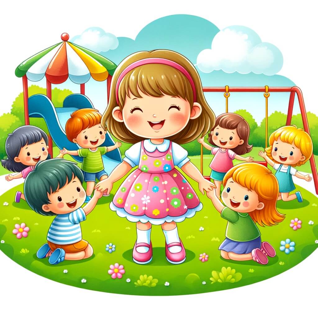 Une illustration destinée aux enfants représentant une petite fille joyeuse, entourée de ses amis, dans un parc coloré avec des balançoires, des toboggans et de l'herbe verte, symbolisant une belle amitié naissante.