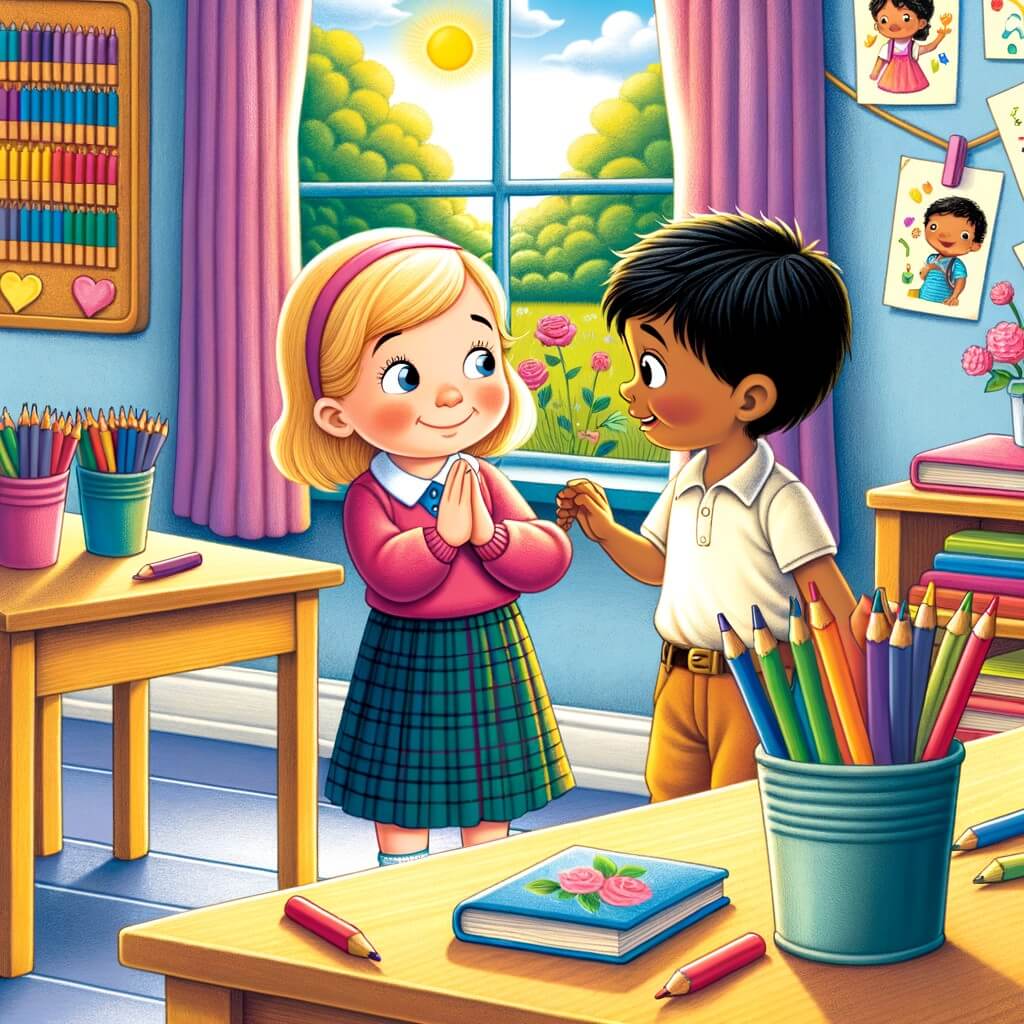 Une illustration destinée aux enfants représentant une petite fille timide et curieuse, se faisant une nouvelle amie lors de sa première journée d'école, dans une classe colorée remplie de crayons, livres et dessins accrochés aux murs, avec une fenêtre donnant sur un jardin verdoyant et ensoleillé.