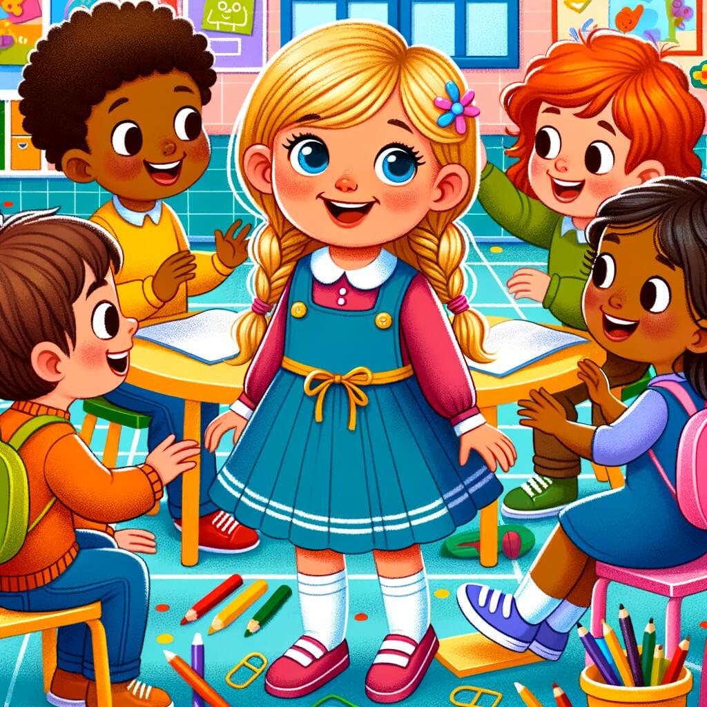 Une illustration destinée aux enfants représentant une petite fille curieuse, accompagnée de ses nouveaux amis, dans une école colorée et animée, où l'amitié s'épanouit.