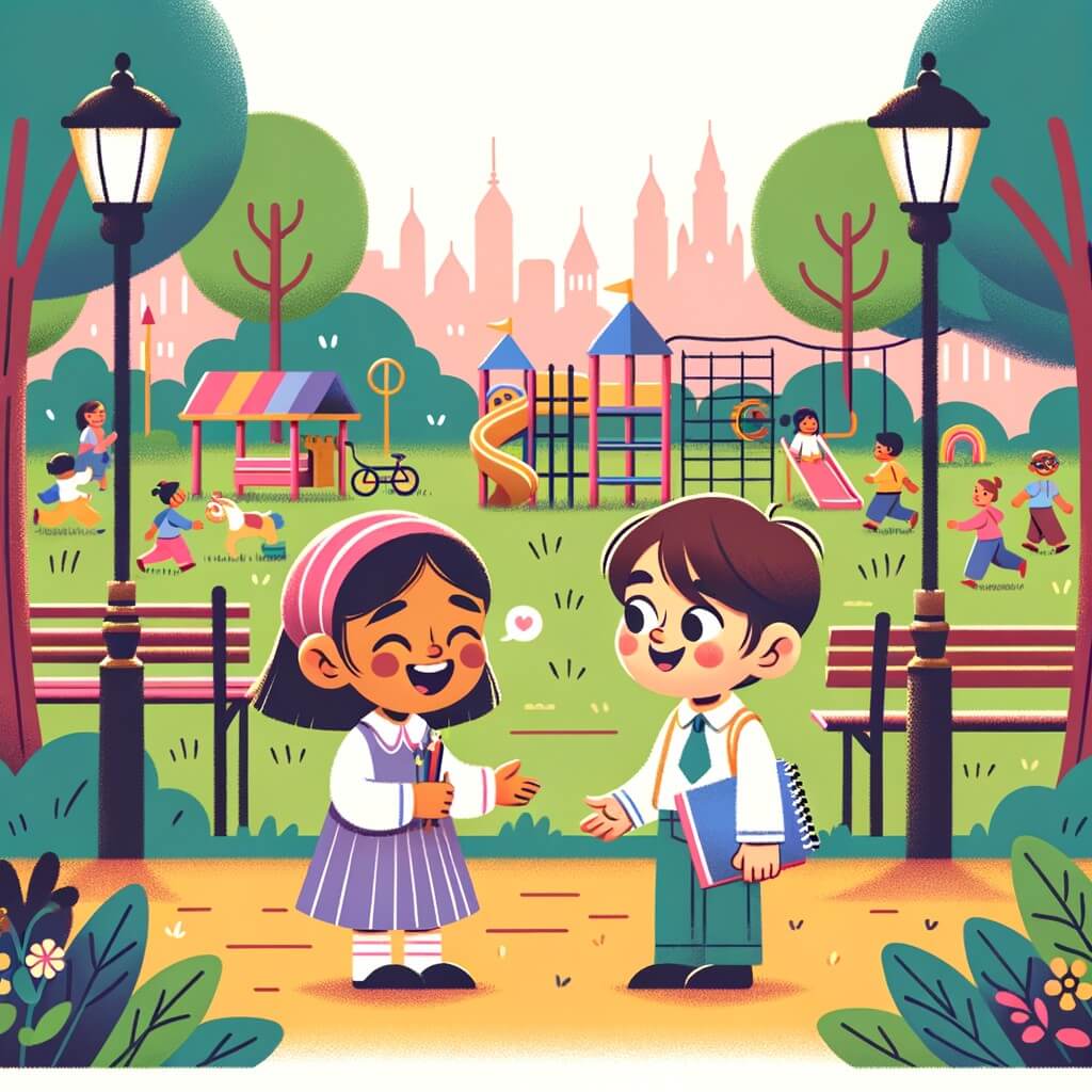 Une illustration destinée aux enfants représentant une petite fille joyeuse qui rencontre un garçon timide dans un parc coloré rempli de jeux et de verdure, où ils deviennent rapidement amis et partagent des moments de jeu et de dessin ensemble.