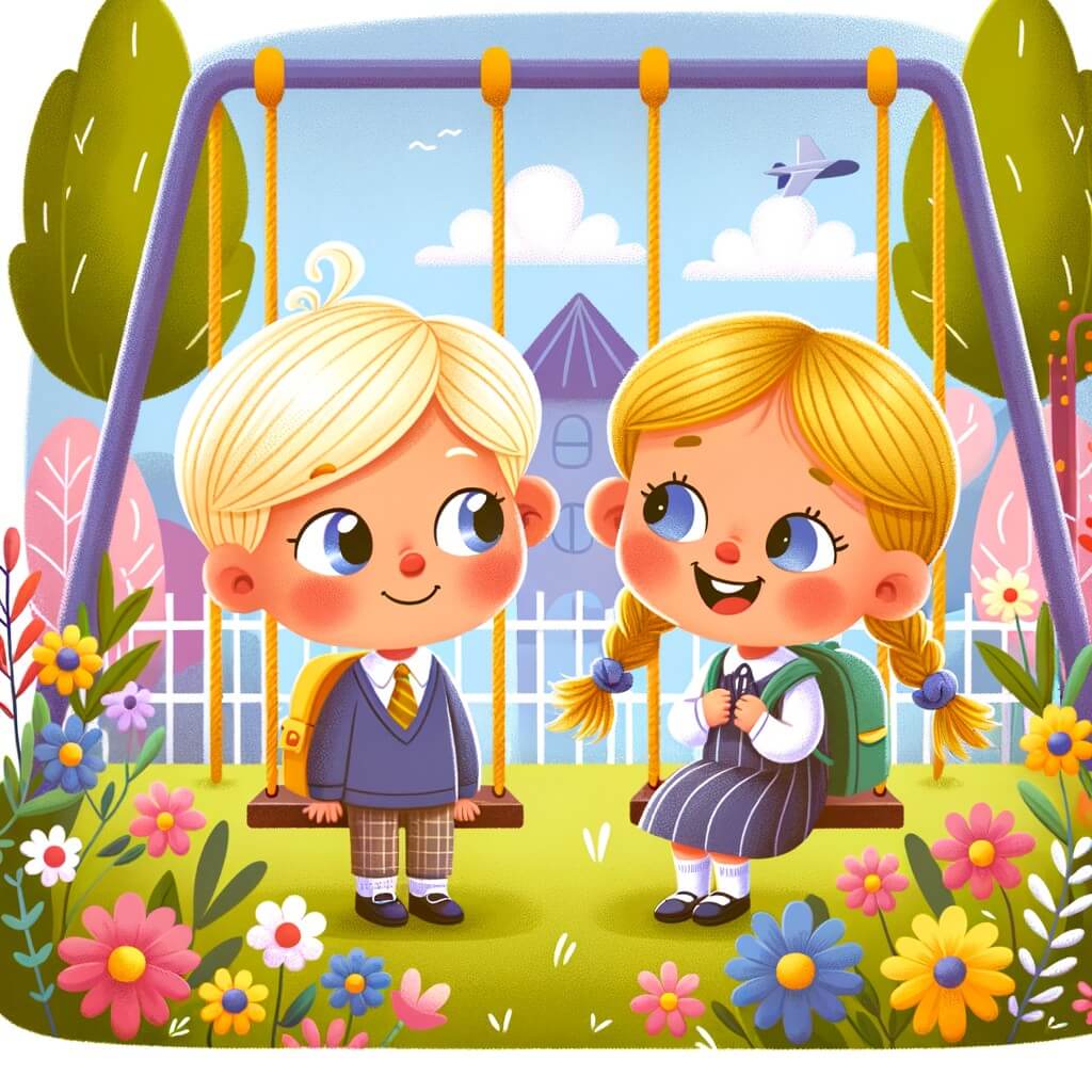 Une illustration pour enfants représentant une petite fille nerveuse et solitaire, qui déménage dans une nouvelle ville et doit aller dans une nouvelle école, située dans une cour de récréation.