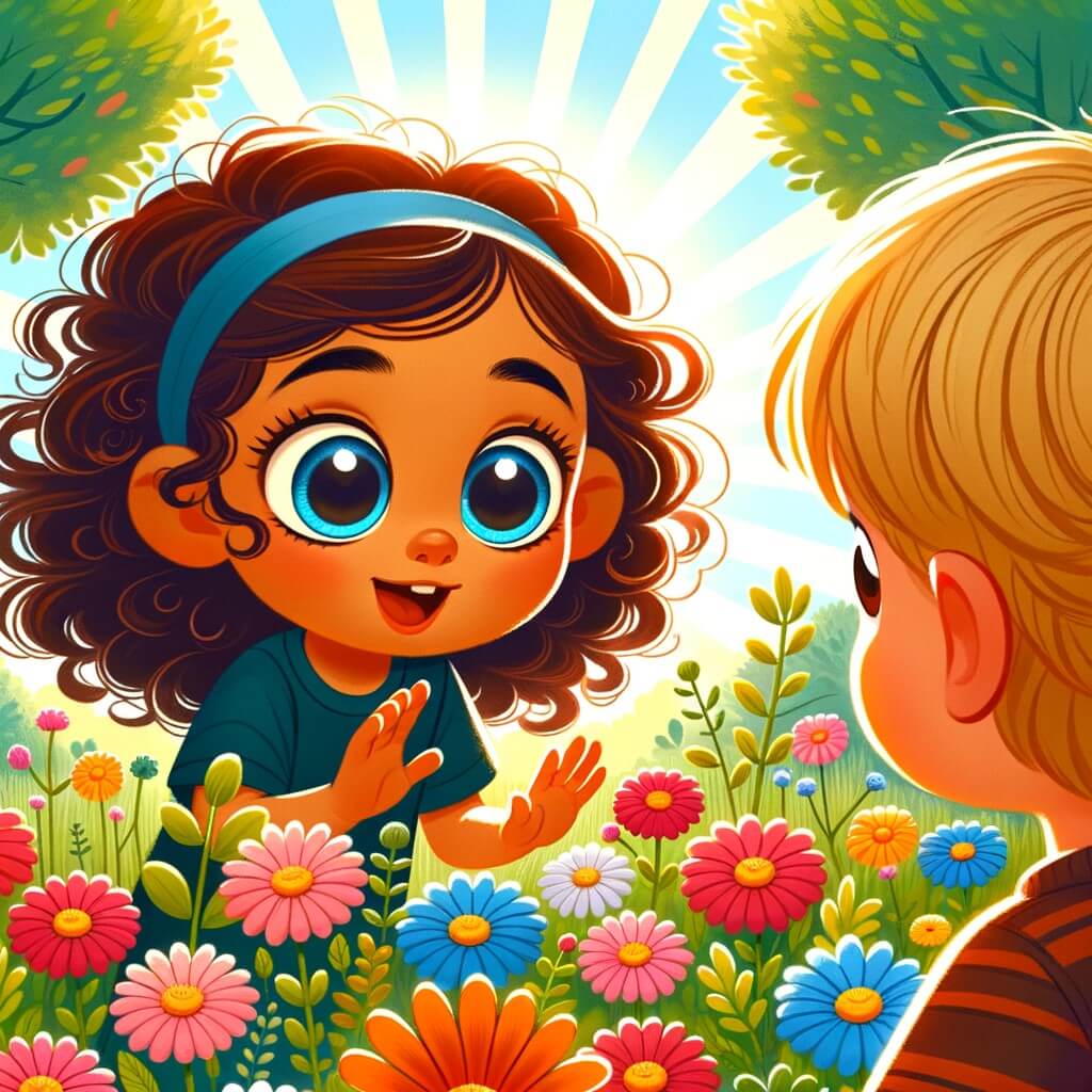 Une illustration destinée aux enfants représentant une petite fille aux grands yeux curieux et aux cheveux bouclés, découvrant un nouvel ami dans un parc ensoleillé rempli de fleurs multicolores.