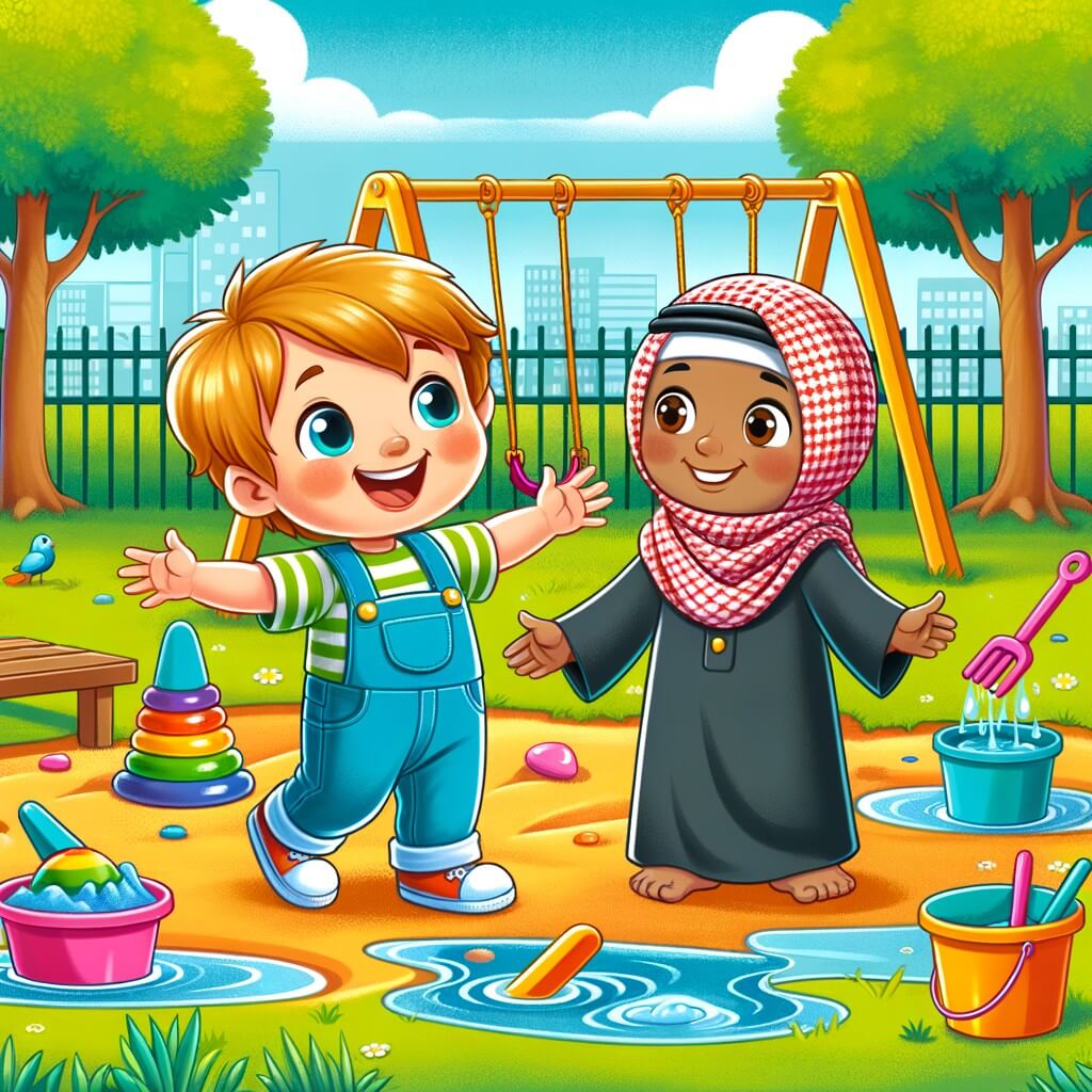 Une illustration destinée aux enfants représentant un petit garçon joyeux et curieux, accompagné d'une nouvelle amie, dans un parc verdoyant avec des balançoires, des flaques d'eau et un château de sable coloré.