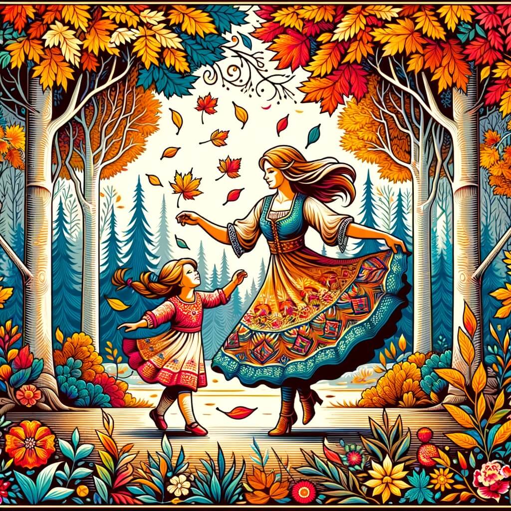 Une illustration destinée aux enfants représentant une petite fille émerveillée par la danse des feuilles d'automne, accompagnée de sa maman, dans un jardin entouré de grands arbres aux couleurs chatoyantes.