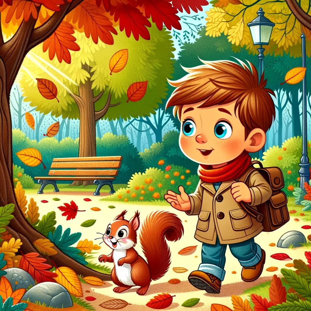 Une illustration destinée aux enfants représentant un petit garçon émerveillé par l'automne, accompagné d'un écureuil malicieux, découvrant une clairière secrète au milieu d'un parc parsemé de feuilles colorées.