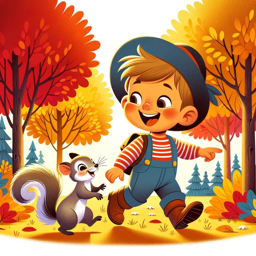 Une illustration destinée aux enfants représentant un petit garçon joyeux et curieux, découvrant les merveilles de l'automne, accompagné d'un écureuil espiègle, dans un parc aux arbres parés de teintes dorées, rouges et oranges.