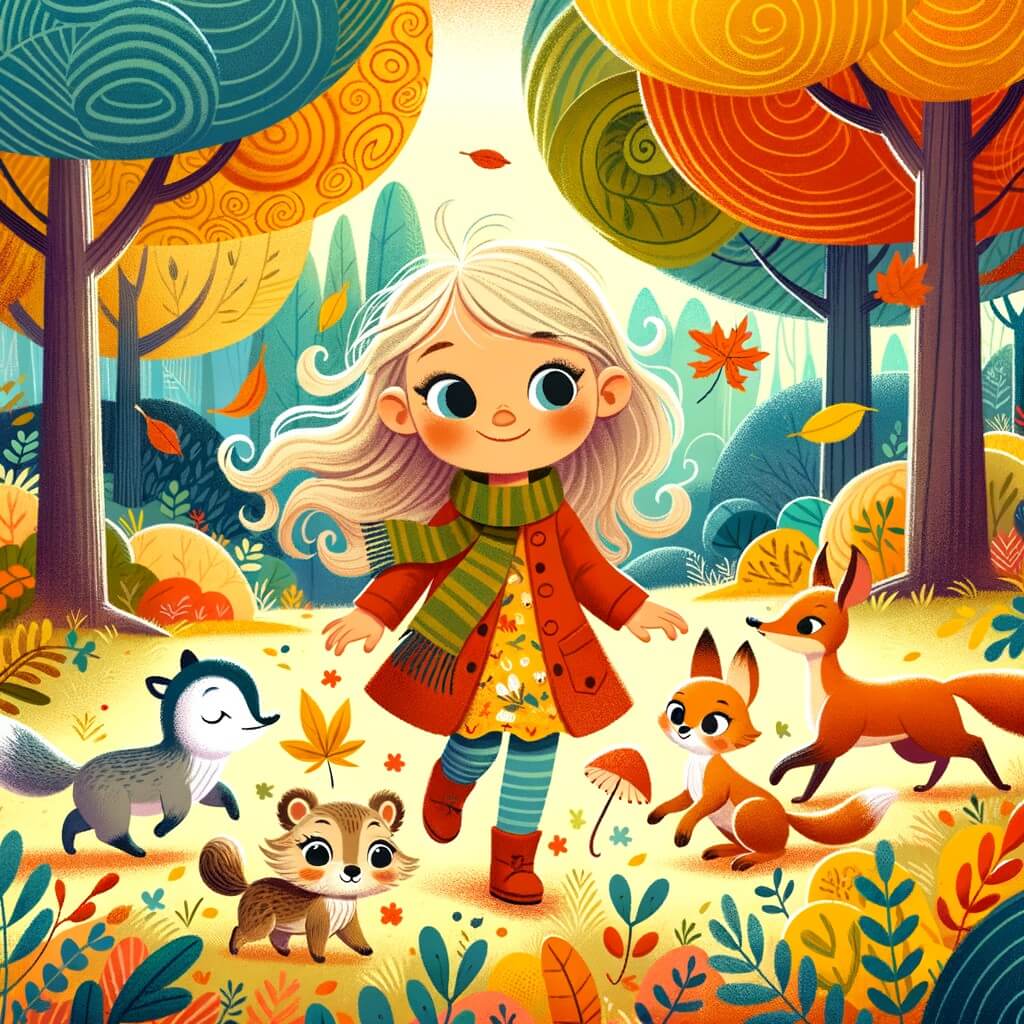 Une illustration destinée aux enfants représentant une petite fille curieuse et pleine d'énergie, qui explore l'automne avec ses amis animaux, dans un parc rempli d'arbres aux feuilles jaunes, oranges et rouges tourbillonnantes.