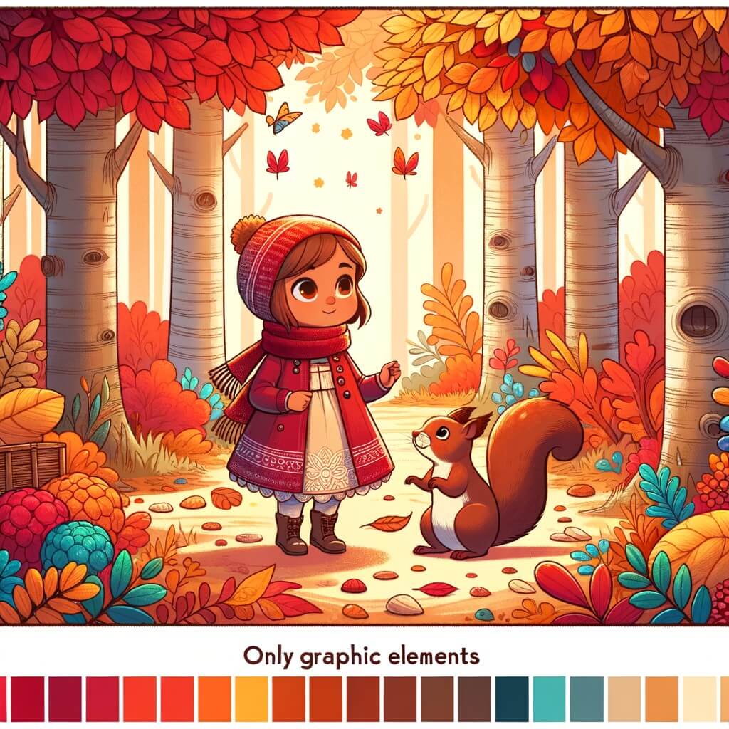 Une illustration destinée aux enfants représentant une petite fille émerveillée par les couleurs chatoyantes de l'automne, qui rencontre un écureuil malicieux, dans une forêt enchantée où les arbres se parent de teintes rouge, orange et jaune.