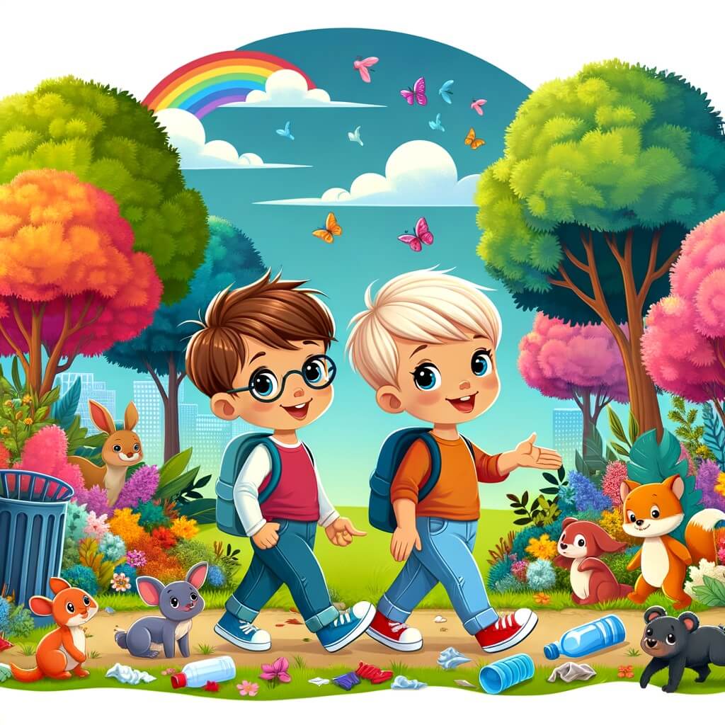 Une illustration destinée aux enfants représentant un petit garçon curieux et plein d'énergie, accompagné de sa maman bienveillante, qui se promène dans un parc coloré et verdoyant rempli d'arbres majestueux, de fleurs éclatantes et d'animaux joyeux, mais aussi de déchets négligemment jetés par terre, mettant en évidence les problèmes du changement climatique et l'importance de prendre soin de notre environnement.