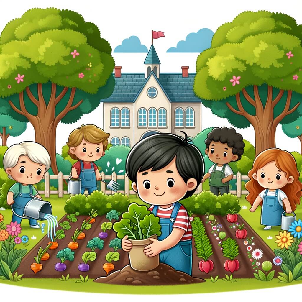 Une illustration destinée aux enfants représentant un petit garçon curieux qui s'inquiète du changement climatique, accompagné de ses amis, plantant un magnifique jardin de légumes biologiques dans une école entourée d'arbres verdoyants et de fleurs multicolores.