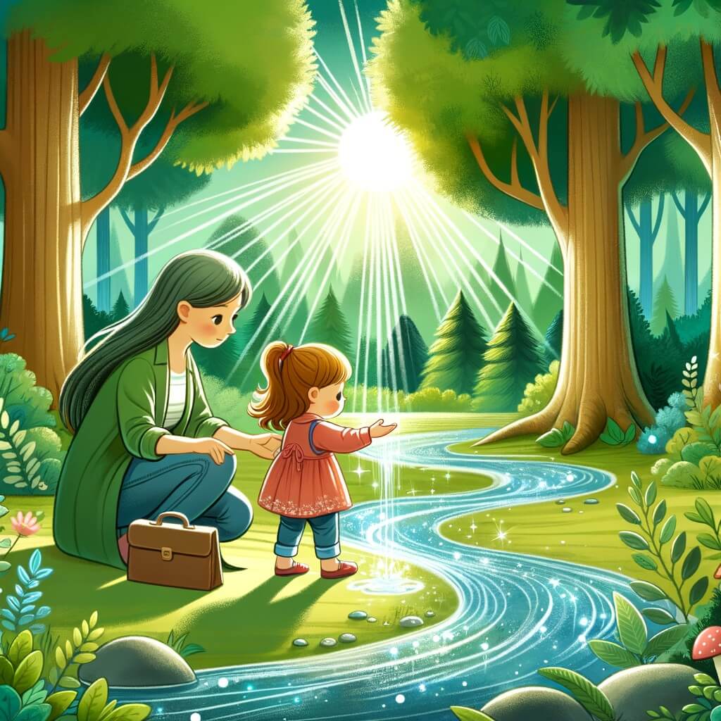 Une illustration pour enfants représentant une petite fille curieuse qui découvre un ruisseau asséché dans la forêt enchantée où elle aime jouer.
