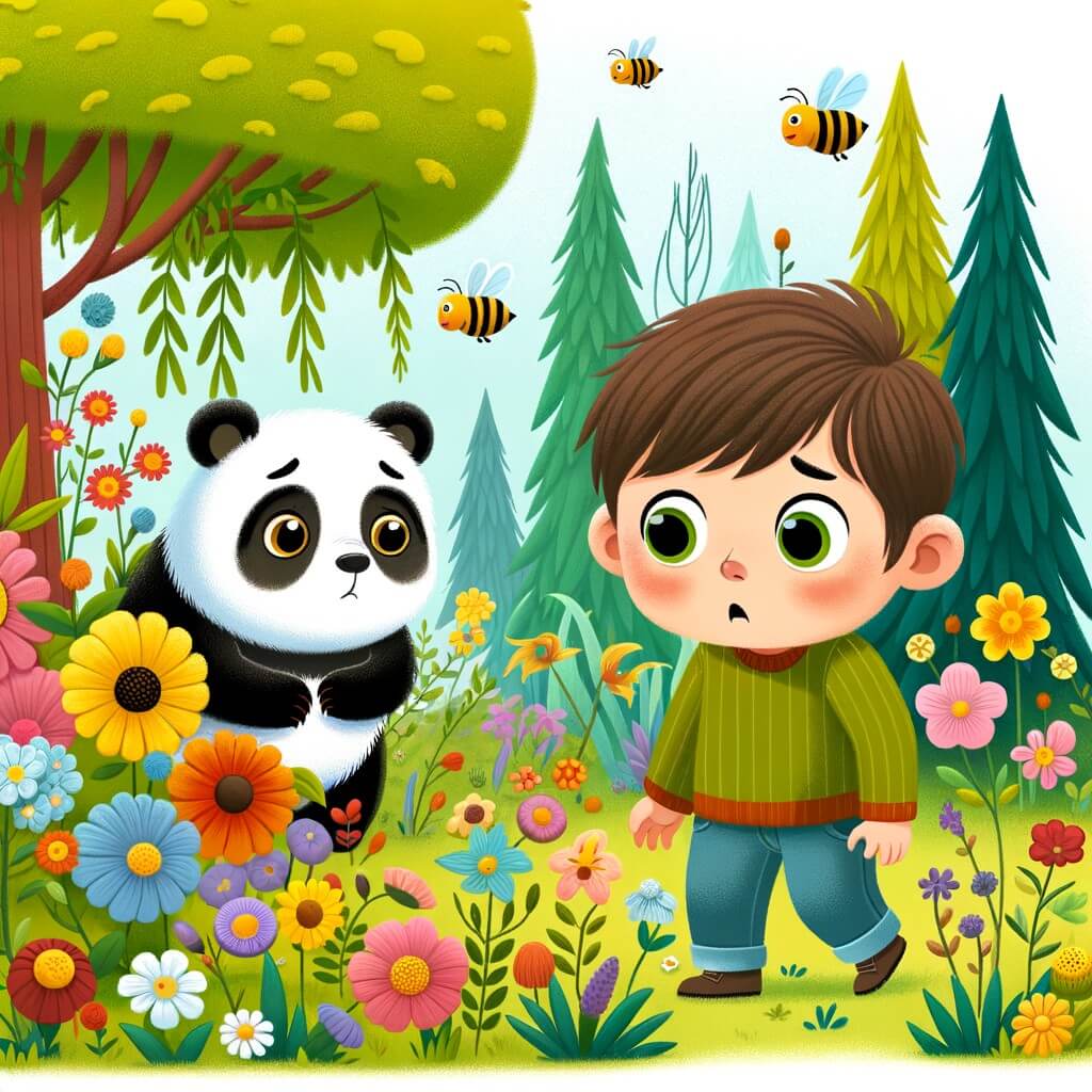 Une illustration destinée aux enfants représentant un petit garçon curieux, accompagné d'un adorable panda, explorant une forêt luxuriante et colorée, où les fleurs fanent et les abeilles se font rares en raison du changement climatique.