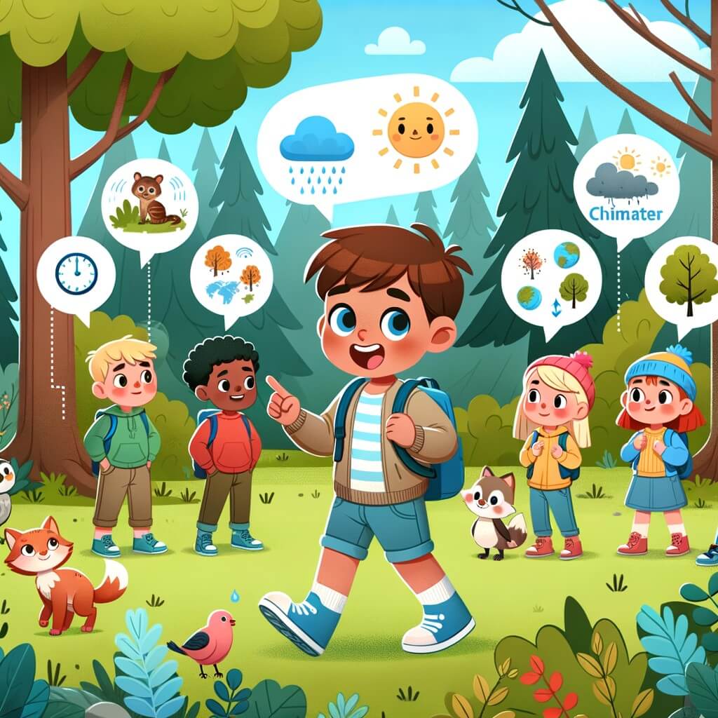 Une illustration destinée aux enfants représentant un petit garçon curieux et enthousiaste, accompagné de ses amis, explorant une forêt luxuriante et colorée, où ils découvrent les effets du changement climatique.