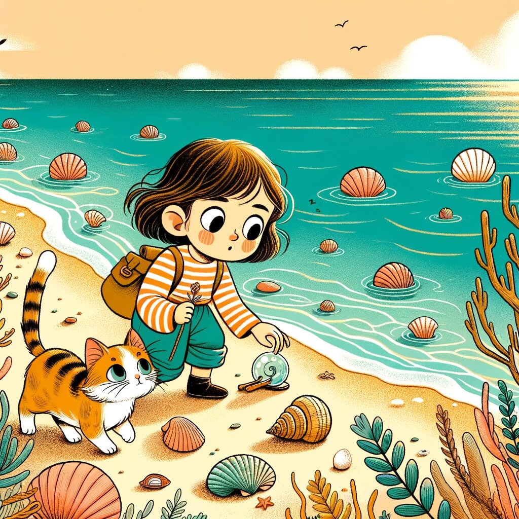 Une illustration destinée aux enfants représentant une petite fille curieuse et débrouillarde, accompagnée de son chat Mistigri, découvrant des coquillages fragiles sur une plage bordée d'eau turquoise et de sable doré, alors qu'elle cherche à comprendre les effets du changement climatique.